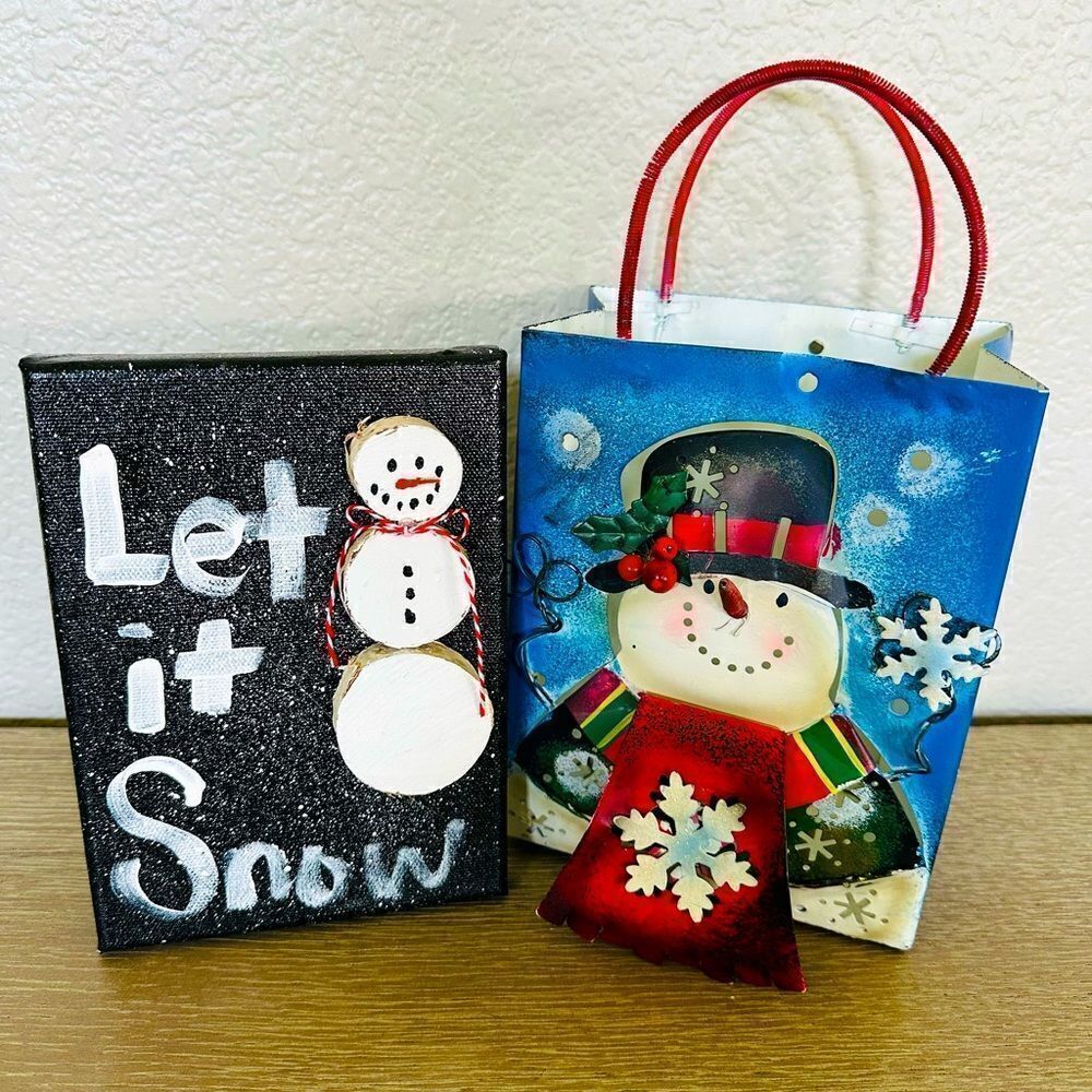 Christmas Snowman Holiday Decor Lot Metal Bag & Canvas Painting